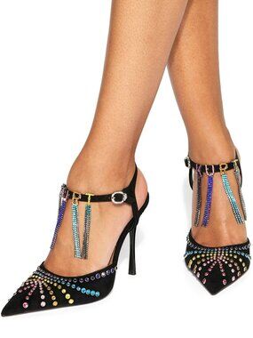 NIB!! KURT GEIGER Black Suede Multi Color Crystal Pointed Toe Heels Sz EU38/7.5